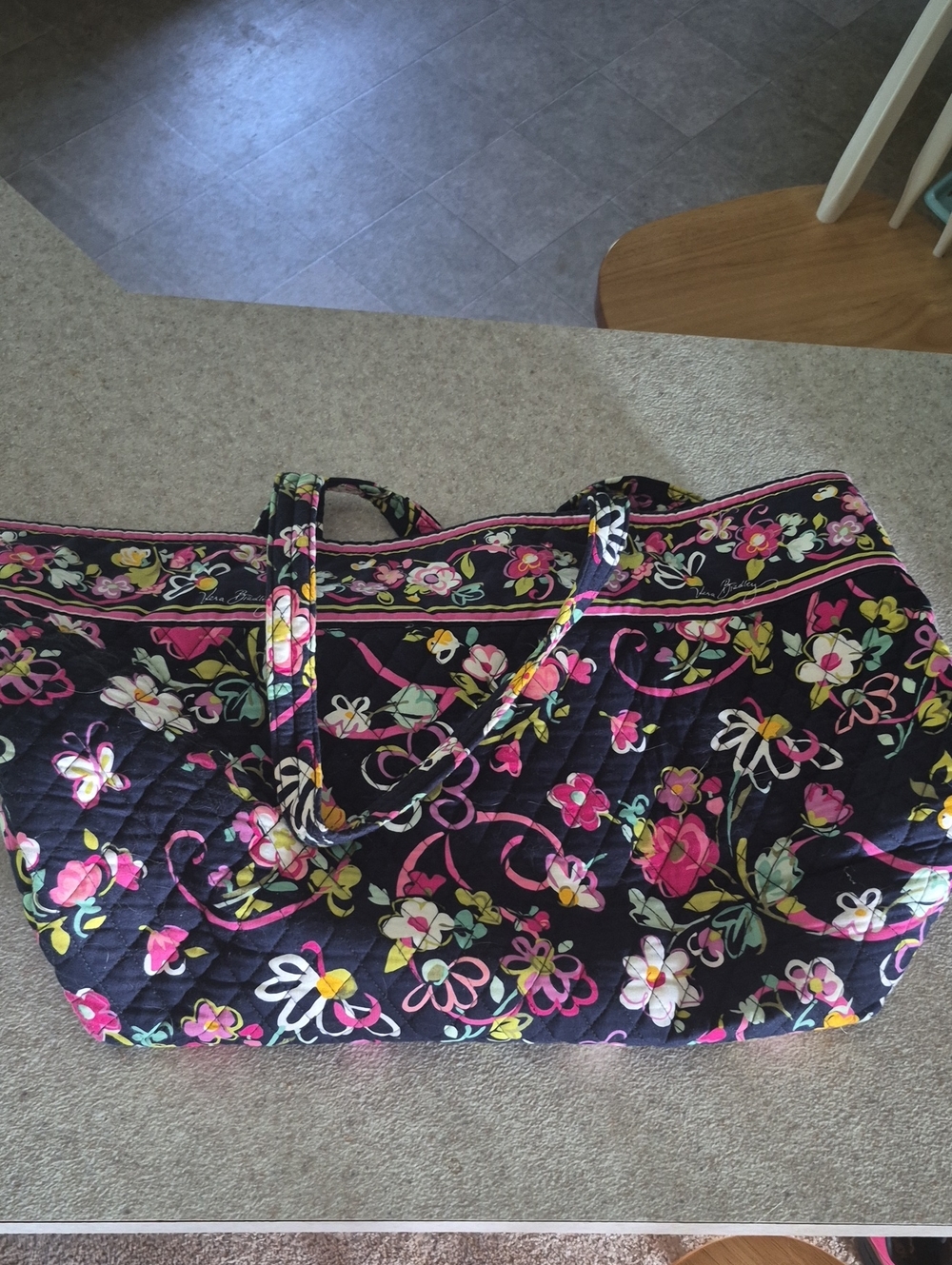 Quilted Floral Travel Tote Bag - Black with Pink & Green Floral Print